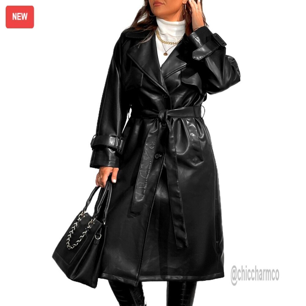 Plus Size Faux Leather Trench Coat Belted Lapel Long Motorcycle Jacket